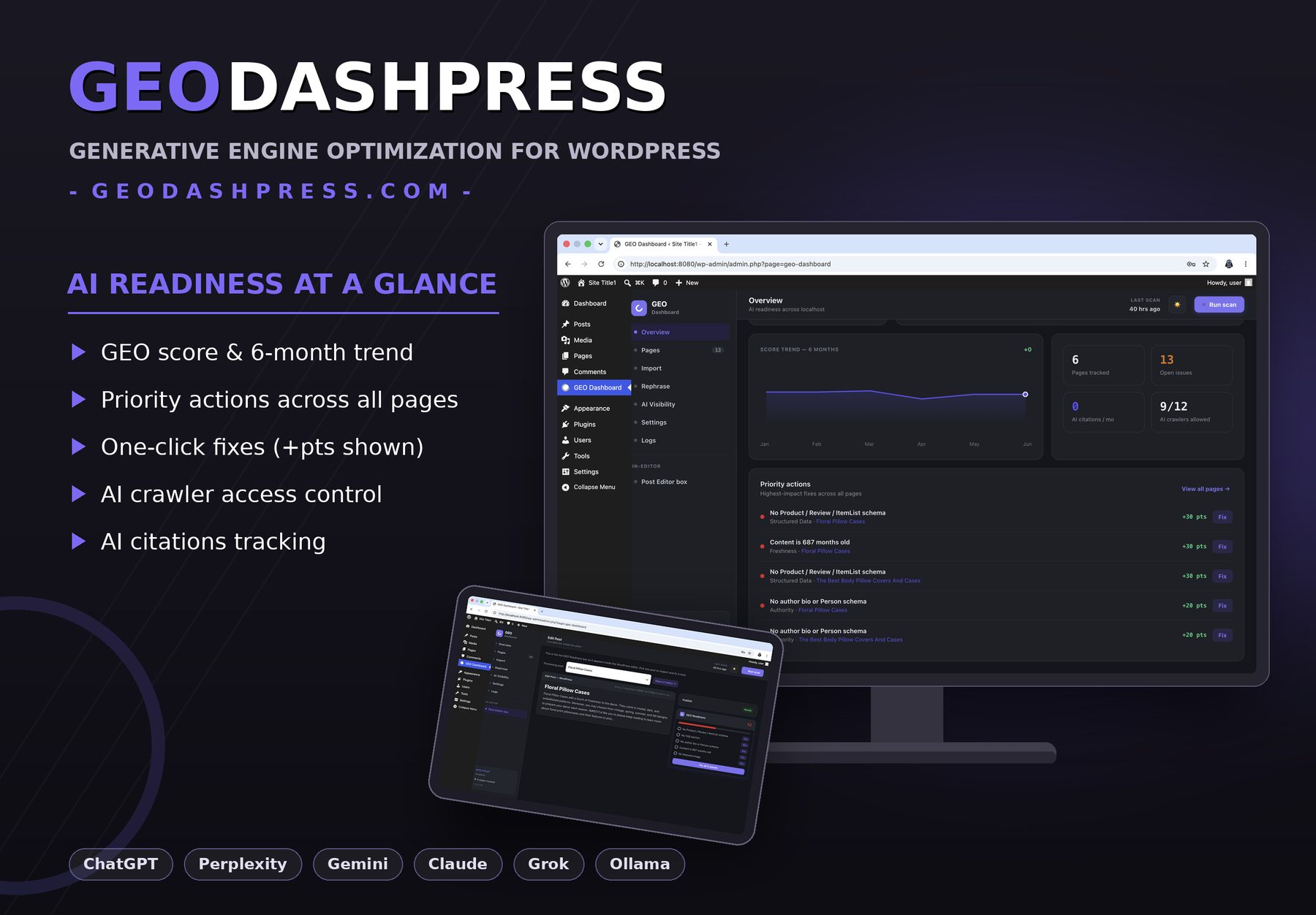 GEODashPressの概要画面 — AI対応度スコア、推移グラフ、優先アクション